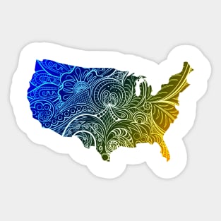 Colorful mandala art map of the United States of America in high contrast dark blue and dark yellow Sticker